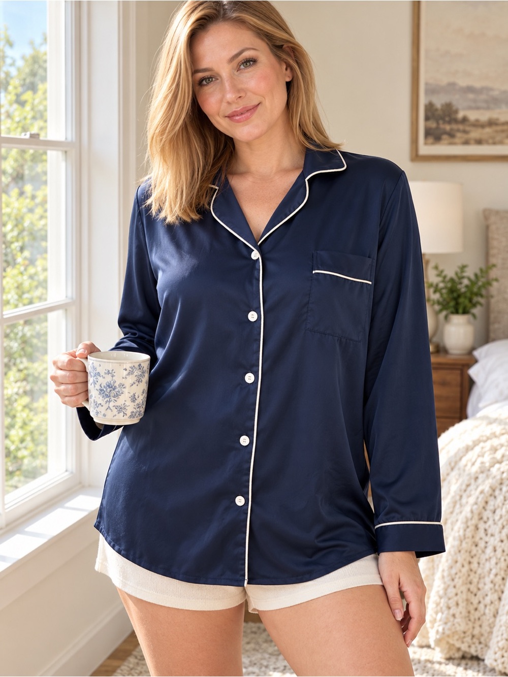 Navy Piped Satin Sleep Shirt - Women's Long Sleeve Pajama Top